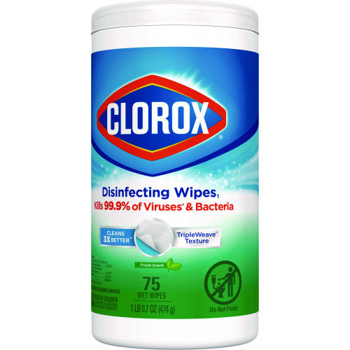 Clorox Disinfecting Wipes, 1-Ply, 7 x 8, Fresh Scent, White, 75/Canister, 6 Canisters/Carton (01656)