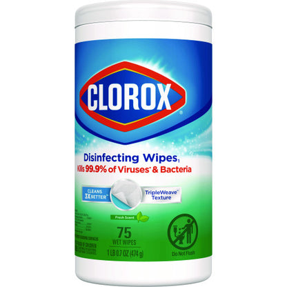 Clorox Disinfecting Wipes, 1-Ply, 7 x 8, Fresh Scent, White, 75/Canister, 6 Canisters/Carton (01656)