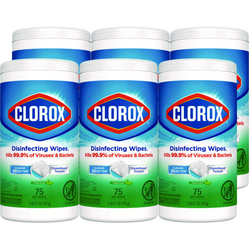 Clorox Disinfecting Wipes, 1-Ply, 7 x 8, Fresh Scent, White, 75/Canister, 6 Canisters/Carton (01656)